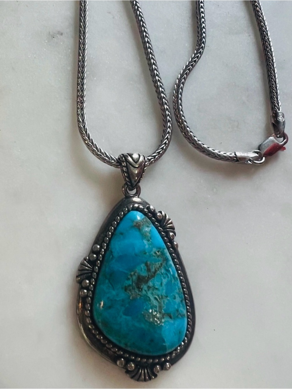 925 Sterling Silver Turquoise Pendant Necklace Woven Bali Chain 21g 18”